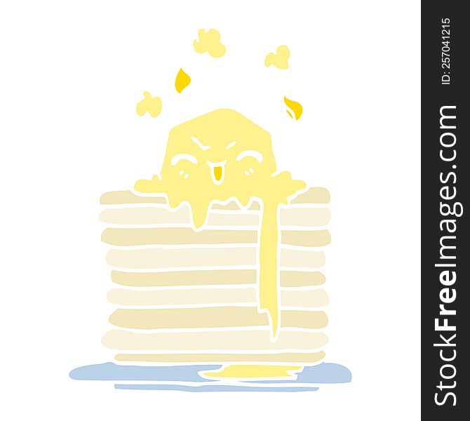 flat color illustration cartoon butter melting on pancakes