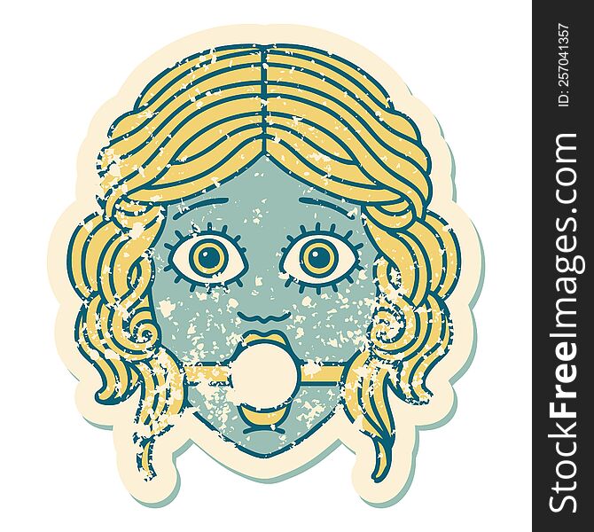 iconic distressed sticker tattoo style image of female face wearing a ball gag. iconic distressed sticker tattoo style image of female face wearing a ball gag
