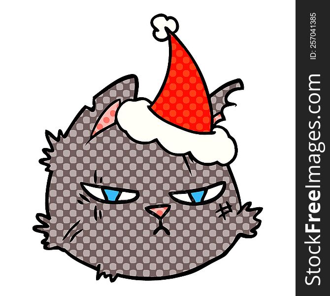 Comic Book Style Illustration Of A Tough Cat Face Wearing Santa Hat