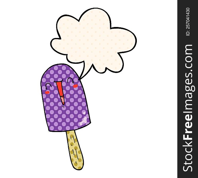 cartoon happy ice lolly with speech bubble in comic book style