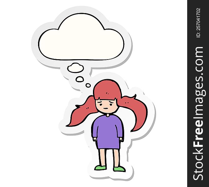 cartoon girl with long hair with thought bubble as a printed sticker