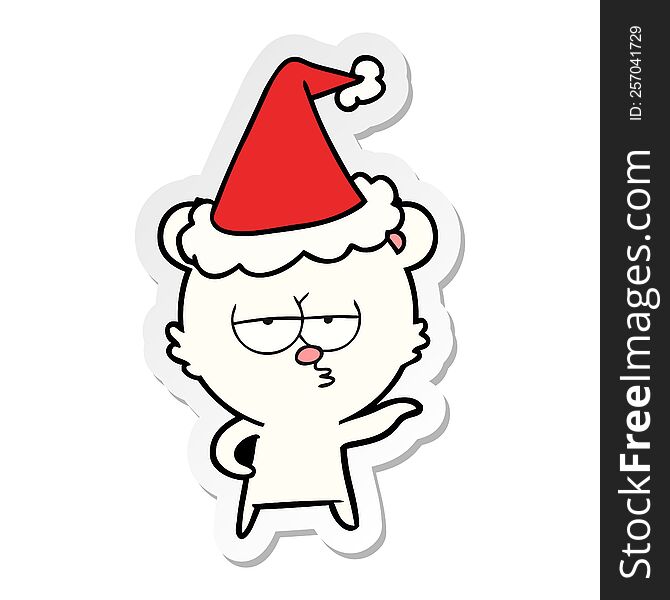 bored polar bear hand drawn sticker cartoon of a wearing santa hat. bored polar bear hand drawn sticker cartoon of a wearing santa hat