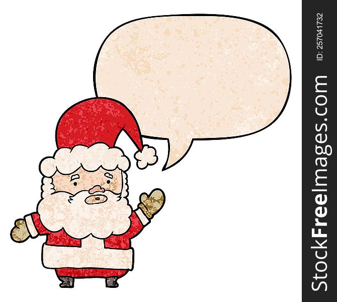 Cartoon Santa Claus Waving And Speech Bubble In Retro Texture Style