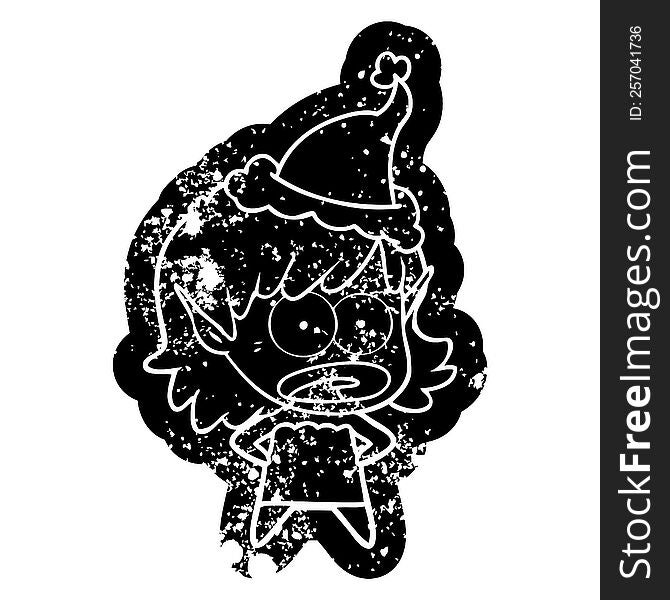 quirky cartoon distressed icon of a shocked elf girl wearing santa hat