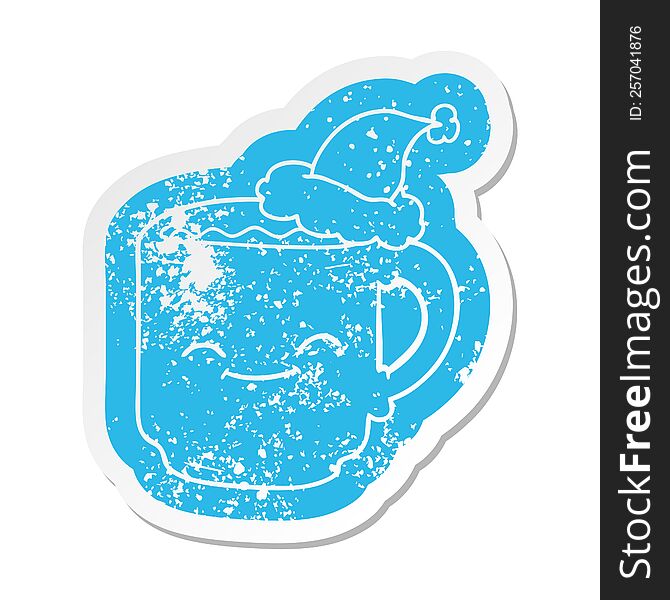 quirky cartoon distressed sticker of a coffee mug wearing santa hat