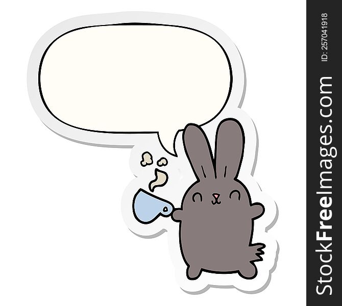Cute Cartoon Rabbit And Coffee Cup And Speech Bubble Sticker