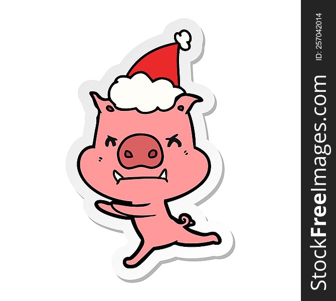 angry hand drawn sticker cartoon of a pig wearing santa hat. angry hand drawn sticker cartoon of a pig wearing santa hat