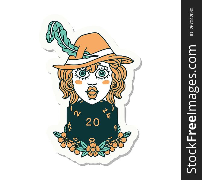 sticker of a human bard with natural 20 dice roll. sticker of a human bard with natural 20 dice roll