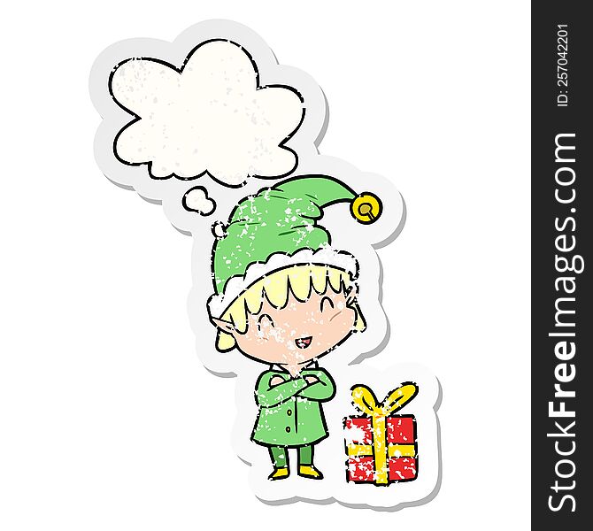 Cartoon Happy Christmas Elf And Thought Bubble As A Distressed Worn Sticker