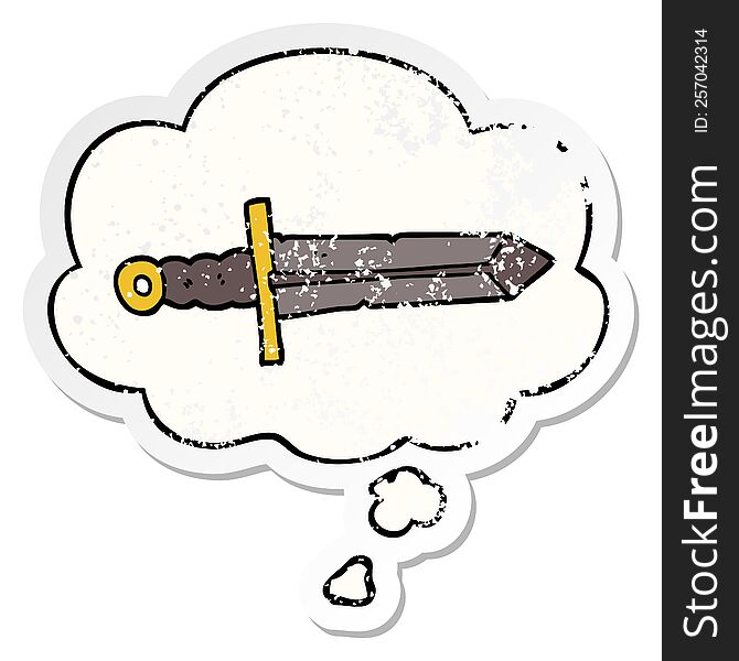 Cartoon Sword And Thought Bubble As A Distressed Worn Sticker
