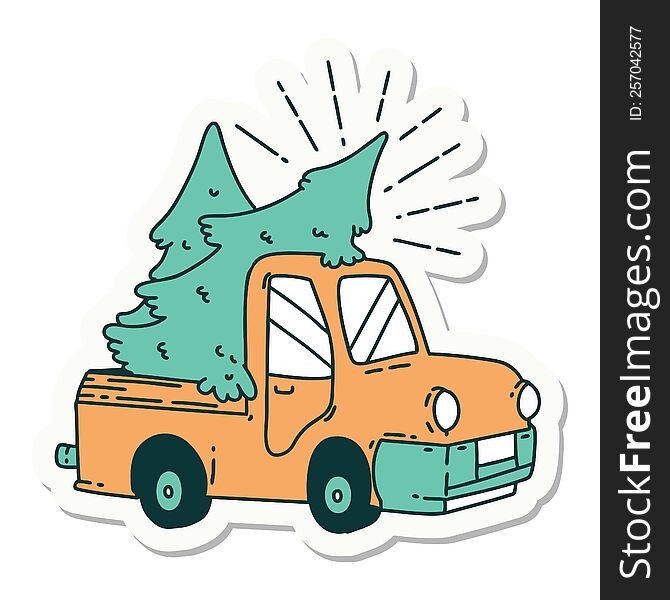 Sticker Of Tattoo Style Truck Carrying Trees