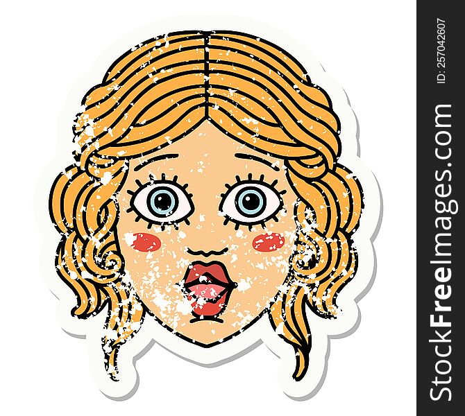 Traditional Distressed Sticker Tattoo Of Female Face
