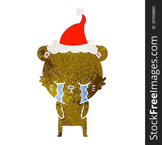 Crying Retro Cartoon Of A Bear Wearing Santa Hat