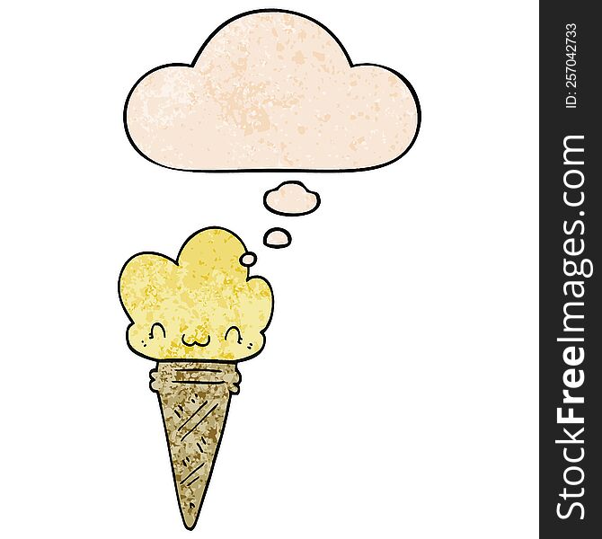 Cartoon Ice Cream With Face And Thought Bubble In Grunge Texture Pattern Style