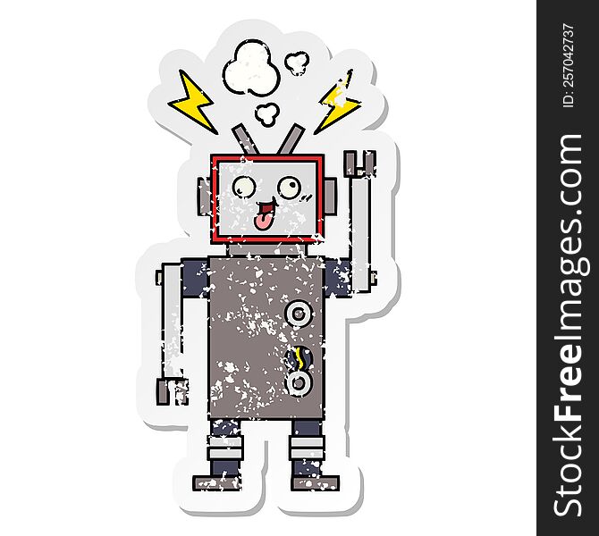 Distressed Sticker Of A Cute Cartoon Crazy Broken Robot
