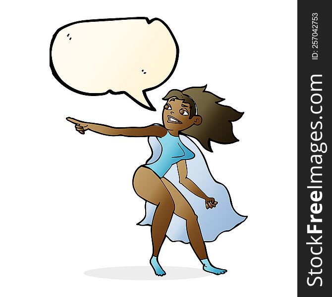 Cartoon Superhero Woman Pointing With Speech Bubble