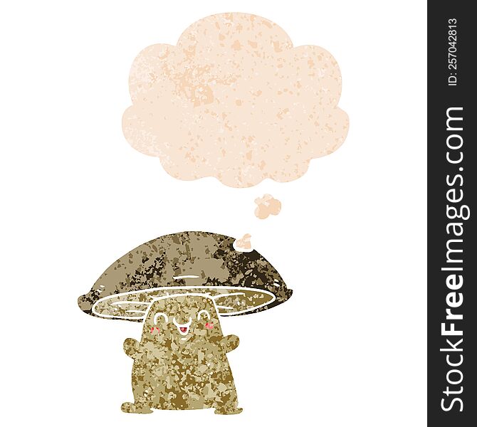 Cartoon Mushroom Character And Thought Bubble In Retro Textured Style