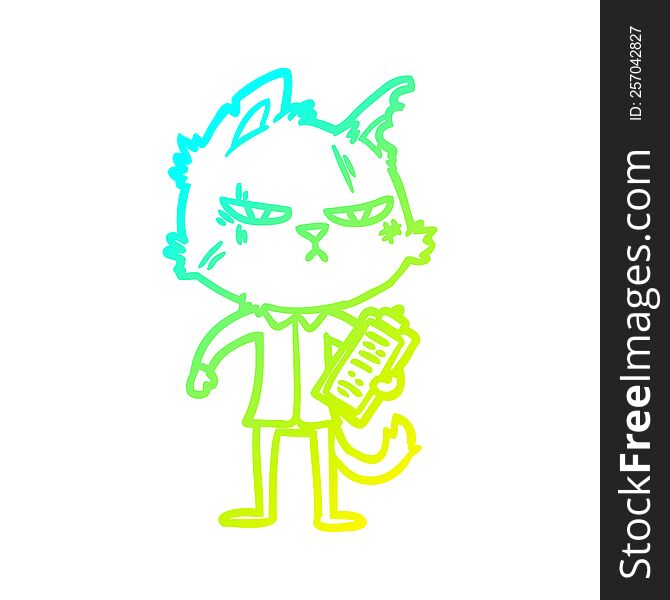 cold gradient line drawing of a tough cartoon cat with clipboard
