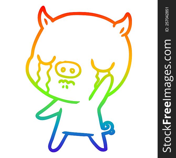 Rainbow Gradient Line Drawing Cartoon Pig Crying Waving Goodbye