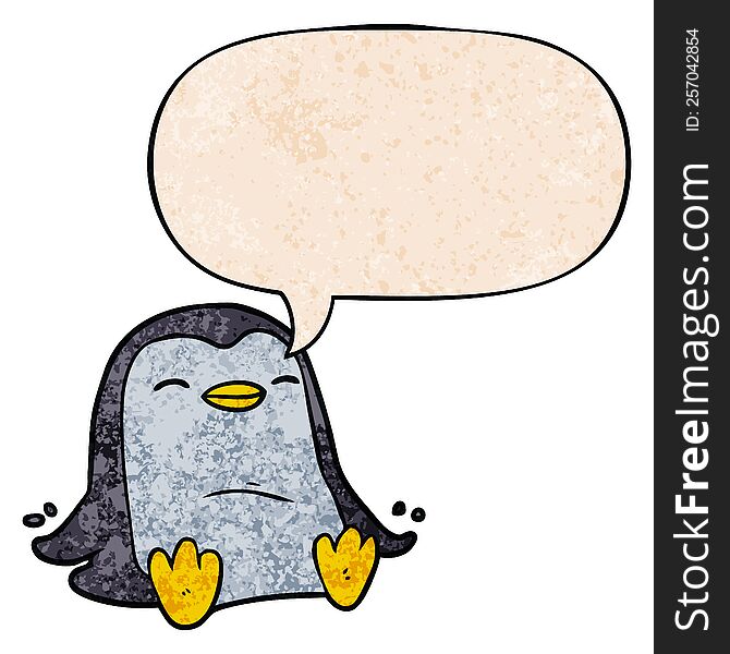 Cartoon Penguin And Speech Bubble In Retro Texture Style