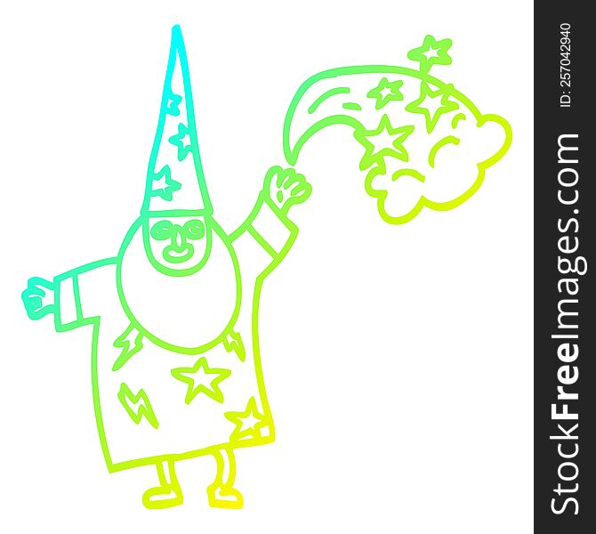 cold gradient line drawing of a cartoon wizard casting spell