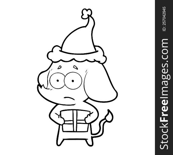 hand drawn line drawing of a unsure elephant with christmas present wearing santa hat