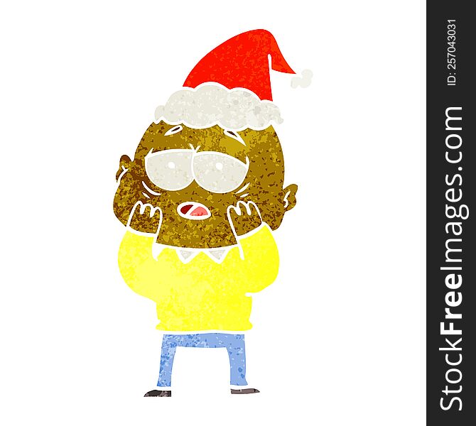 hand drawn retro cartoon of a tired bald man wearing santa hat