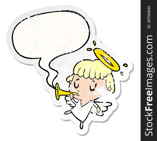 cute cartoon angel with speech bubble distressed distressed old sticker. cute cartoon angel with speech bubble distressed distressed old sticker