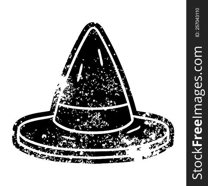grunge distressed icon of a witches hat. grunge distressed icon of a witches hat