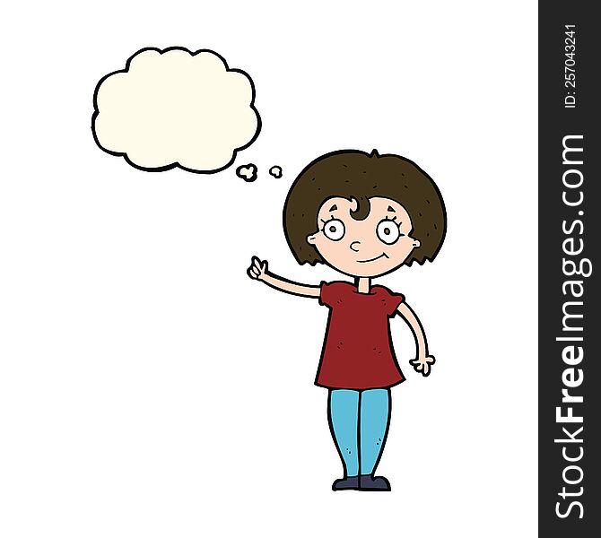 Cartoon Happy Woman Pointing With Thought Bubble