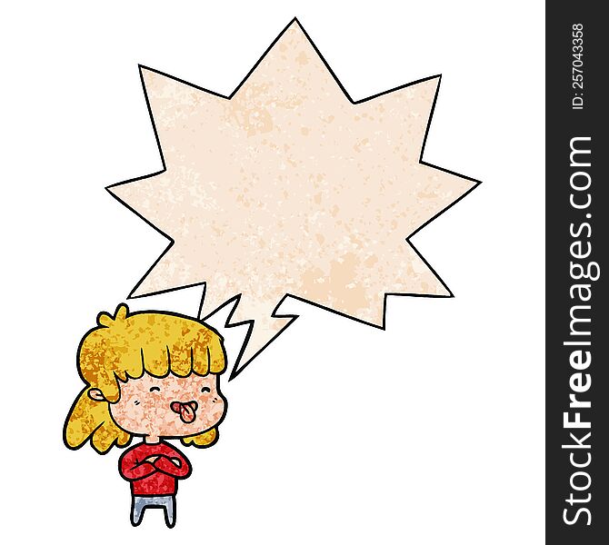 cartoon girl sticking out tongue with speech bubble in retro texture style