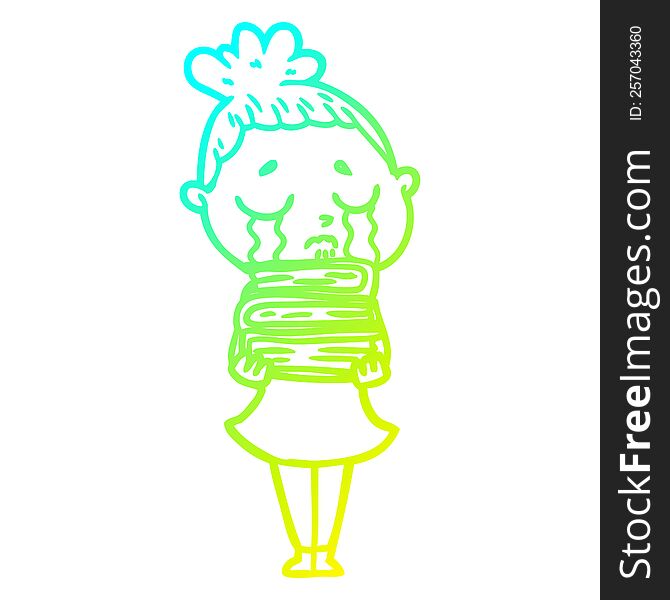 cold gradient line drawing cartoon crying woman with stack of books