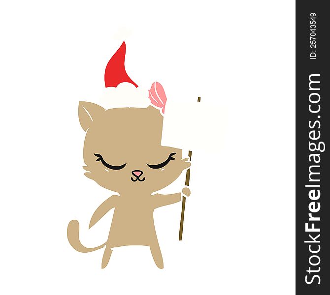 cute hand drawn flat color illustration of a cat with sign wearing santa hat
