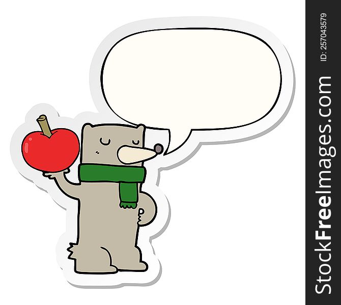 Cartoon Bear And Apple And Speech Bubble Sticker