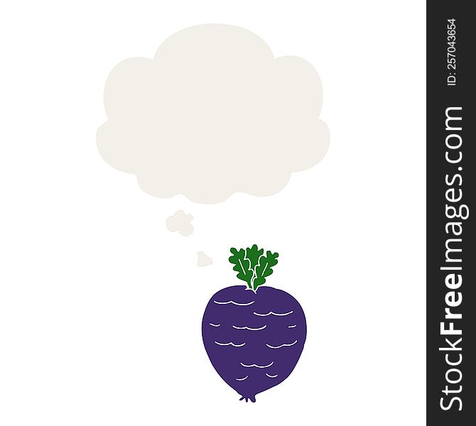 cartoon root vegetable with thought bubble in retro style
