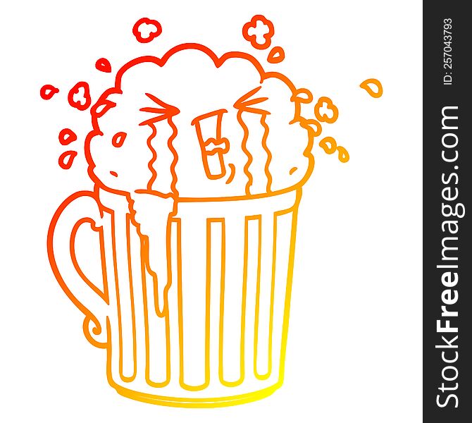 Warm Gradient Line Drawing Cartoon Mug Of Beer Crying
