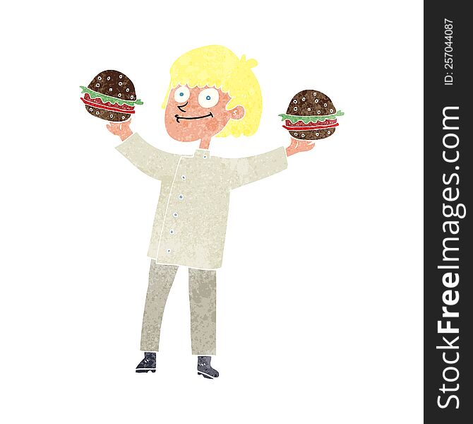freehand retro cartoon chef with burgers