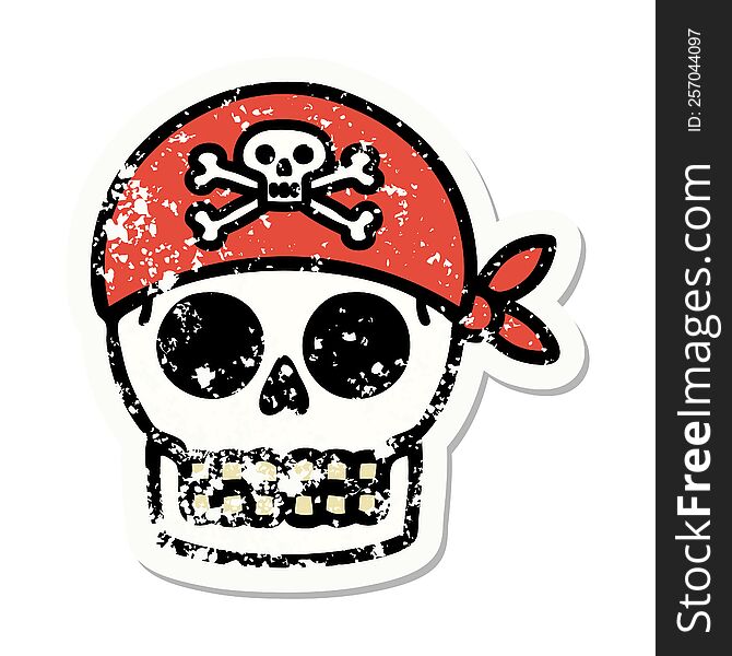 Traditional Distressed Sticker Tattoo Of A Pirate Skull