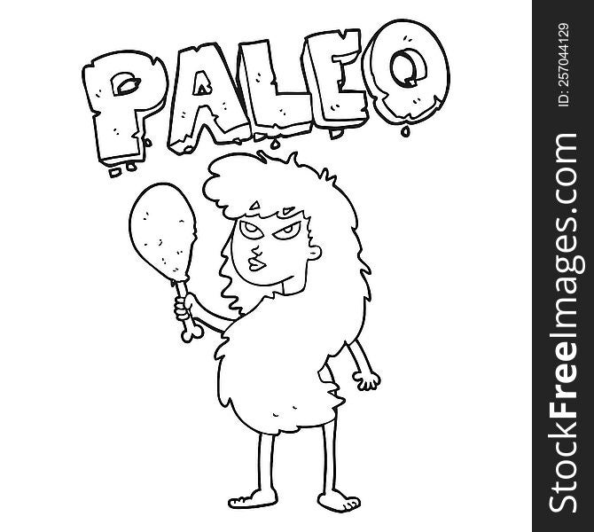 freehand drawn black and white cartoon woman on paleo diet