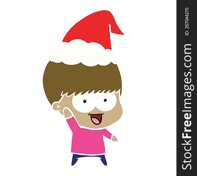 happy hand drawn flat color illustration of a boy waving wearing santa hat. happy hand drawn flat color illustration of a boy waving wearing santa hat