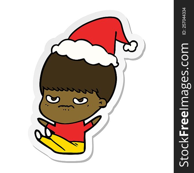 hand drawn sticker cartoon of a boy wearing santa hat