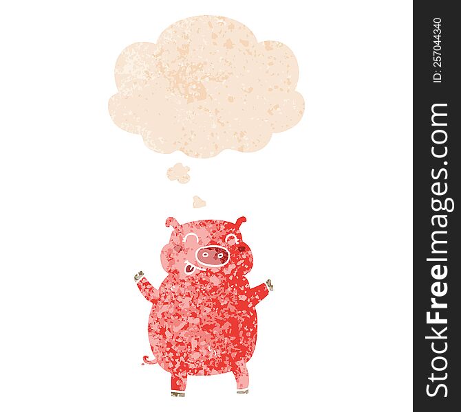 Cartoon Pig And Thought Bubble In Retro Textured Style