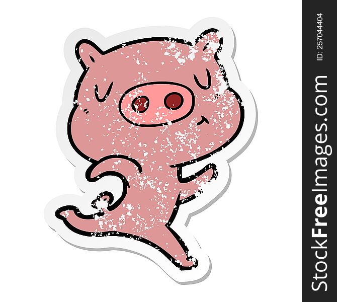 Distressed Sticker Of A Cartoon Content Pig Running