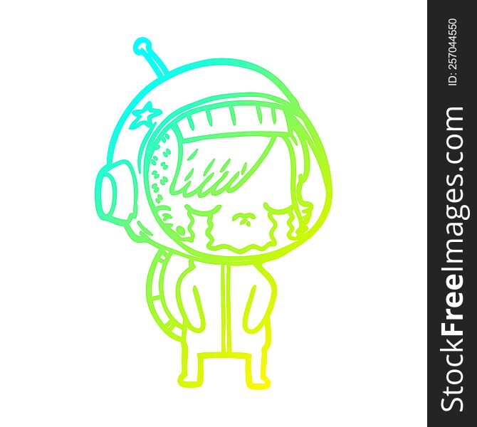 cold gradient line drawing of a cartoon crying astronaut girl