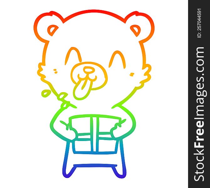 Rainbow Gradient Line Drawing Rude Cartoon Polar Bear Sticking Out Tongue With Present