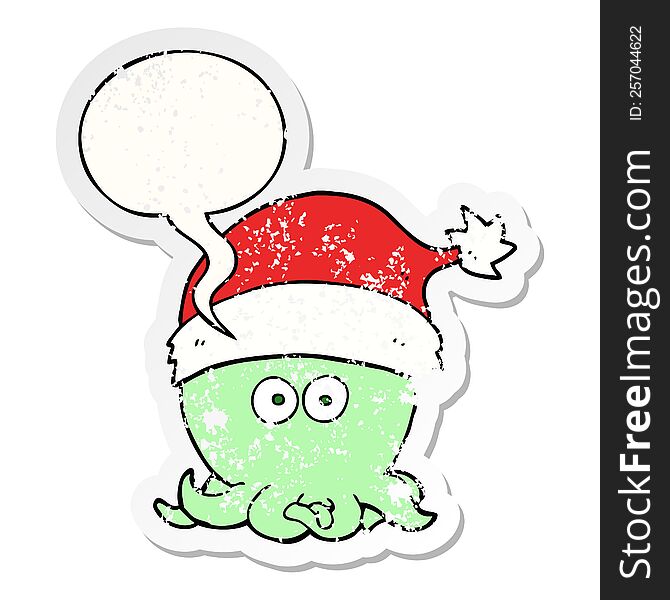 cartoon octopus wearing christmas hat with speech bubble distressed distressed old sticker. cartoon octopus wearing christmas hat with speech bubble distressed distressed old sticker