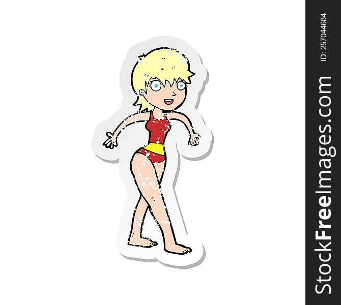 retro distressed sticker of a cartoon happy woman in swimming costume