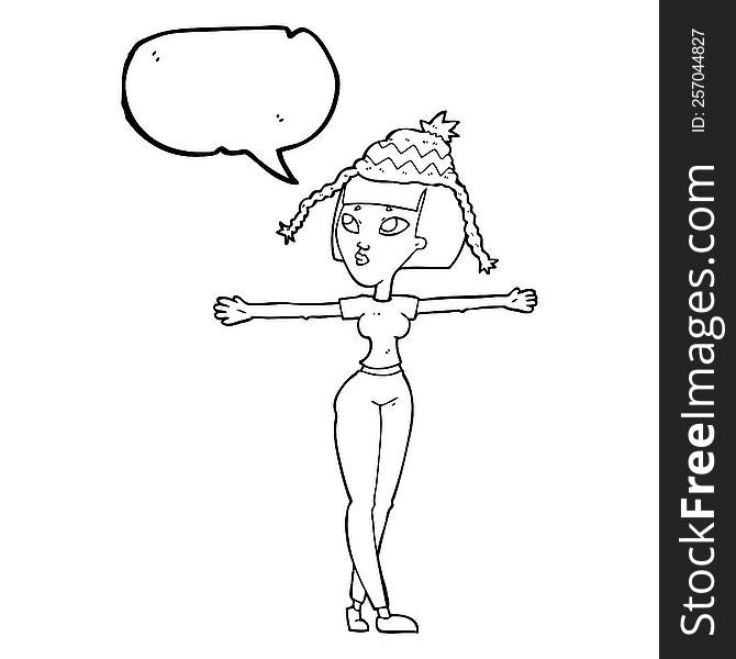 freehand drawn speech bubble cartoon woman wearing hat