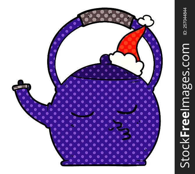Comic Book Style Illustration Of A Kettle Wearing Santa Hat