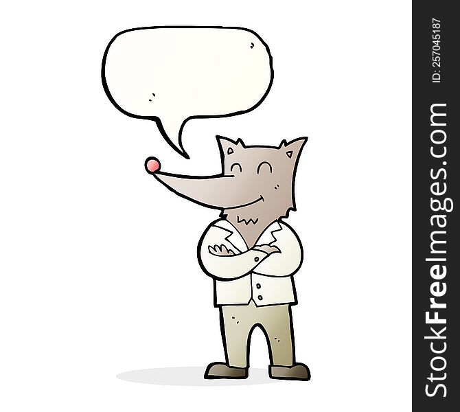 cartoon wolf in shirt with speech bubble